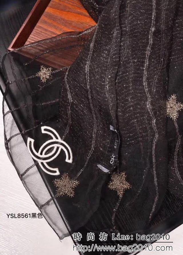 CHANEL香奈兒 2018秋冬專櫃刺繡真絲羊毛長圍巾 YSM1861 LLWJ6167